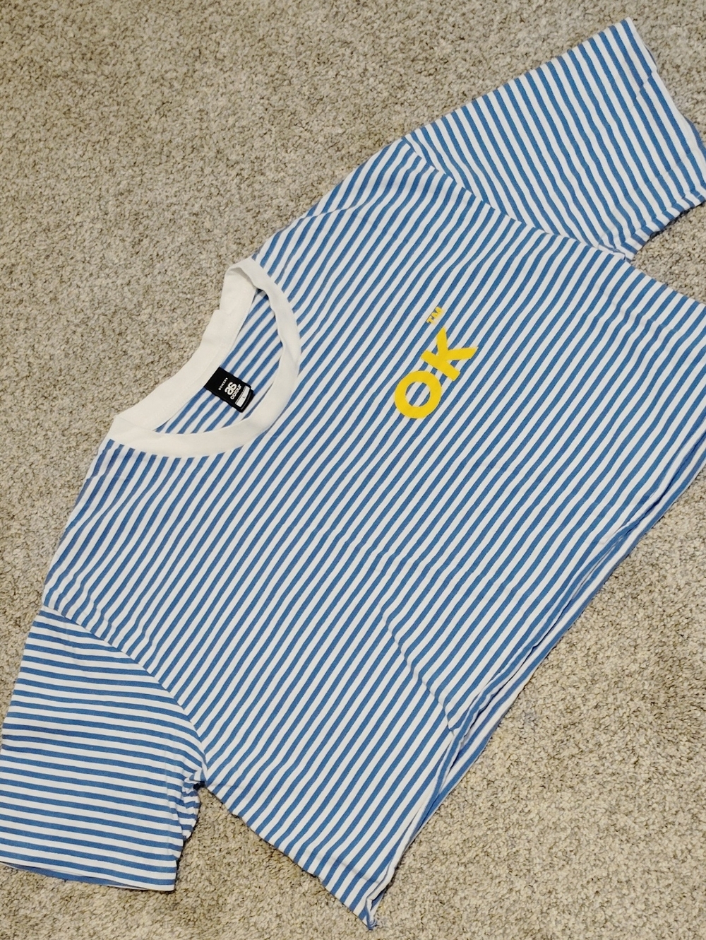 Kids Blue & White Striped Short-Sleeve Tee with Yellow "ok" Graphic